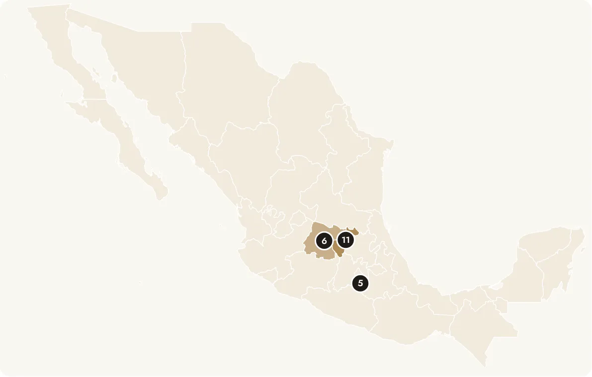 Mapa de México con venues en Querétaro, Guanajuato y Morelos.